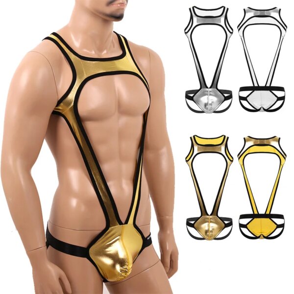 Mankini Sous-vêtements métalliques brillants à larges bretelles pour hommes, poudres bombées