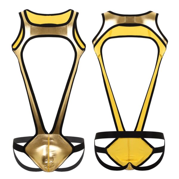 Mankini Sous-vêtements métalliques brillants à larges bretelles pour hommes, poudres bombées