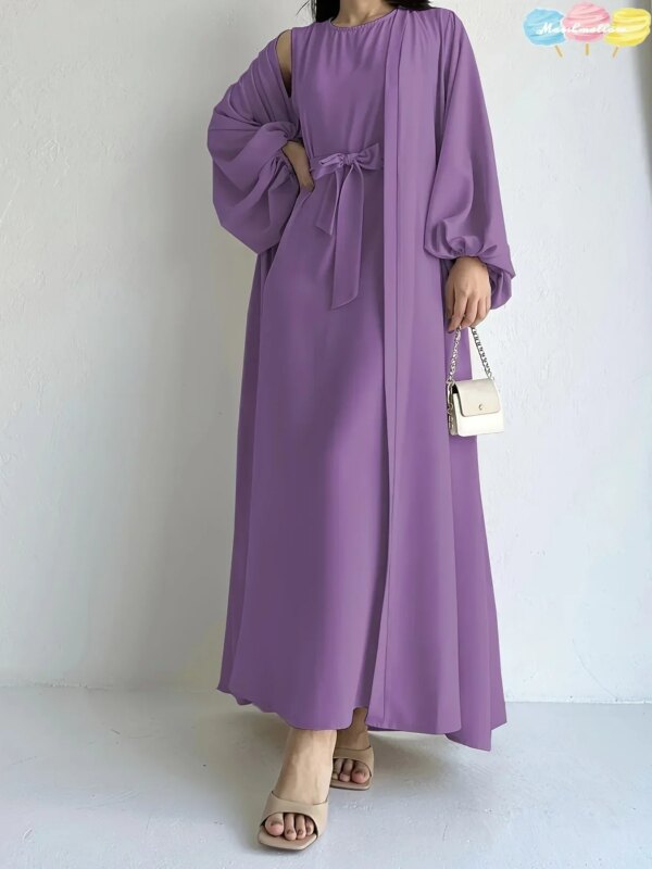 79049-193f0f.jpg kimono abaya Robe élégante deux pièces unie Kebaya Ramadan, tenue de plage ouverte sur le devant et abaya nouée à la taille