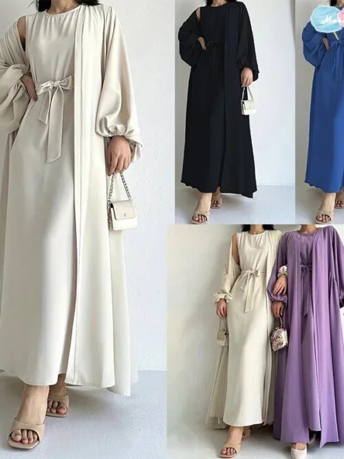kimono abaya Robe élégante deux pièces unie Kebaya Ramadan, tenue de plage ouverte sur le devant et abaya nouée à la taille