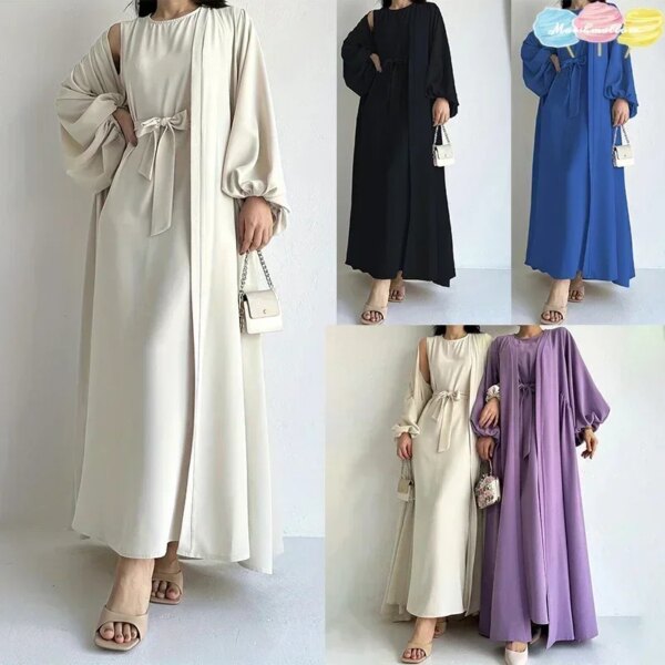 79049-33e614.jpg kimono abaya Robe élégante deux pièces unie Kebaya Ramadan, tenue de plage ouverte sur le devant et abaya nouée à la taille