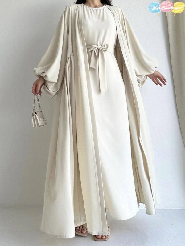 79049-5af000.jpg kimono abaya Robe élégante deux pièces unie Kebaya Ramadan, tenue de plage ouverte sur le devant et abaya nouée à la taille