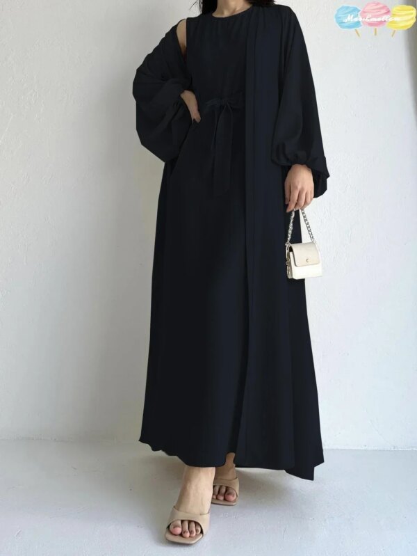 79049-bb649c.jpg kimono abaya Robe élégante deux pièces unie Kebaya Ramadan, tenue de plage ouverte sur le devant et abaya nouée à la taille
