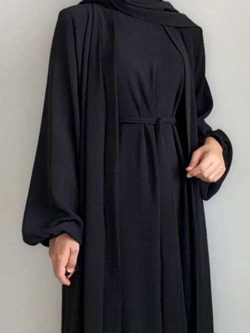 79283-96b1c6.jpg Kimono Abaya Nouvel ensemble abaya en tissu froissé ouvert + longue robe intérieure vêtements islamiques