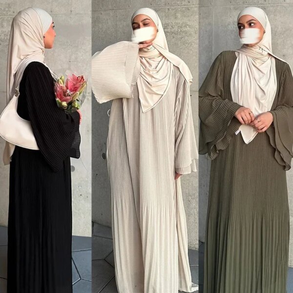 Kimono abaya Eid robe musulmane pour femmes plissée manches évasées Jalabiya