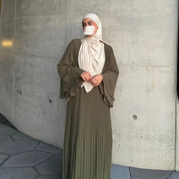 Kimono abaya Eid robe musulmane pour femmes plissée manches évasées Jalabiya