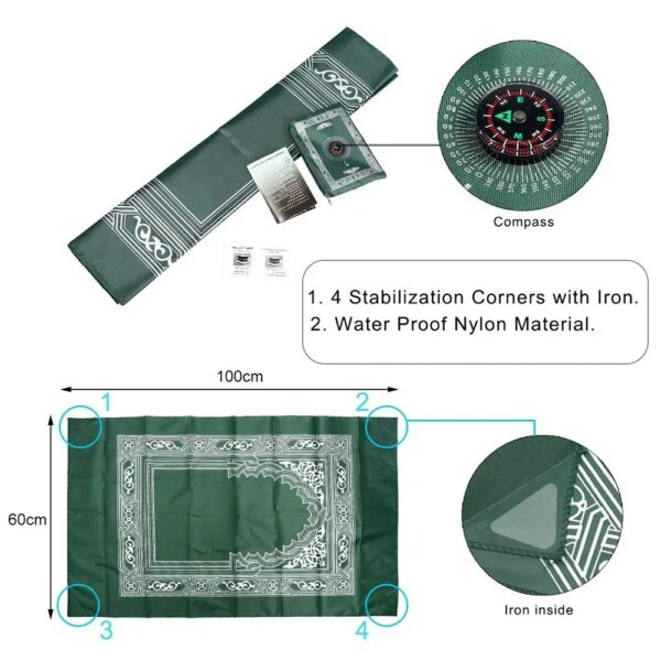 Tapis de prière portable et imperméable avec boussole, idéal pour les voyages, idéal pour les musulmans, 100 x 60 cm