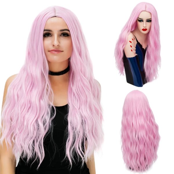 perruque de Cosplay synthétiques ondulées roses longues de 70CM
