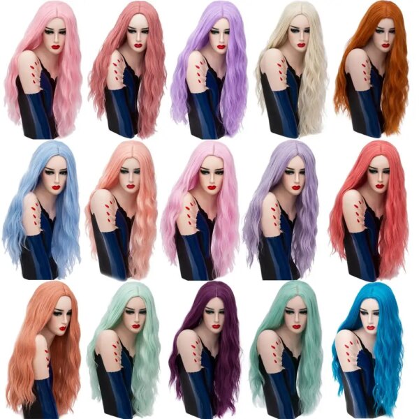 perruque de Cosplay synthétiques ondulées roses longues de 70CM