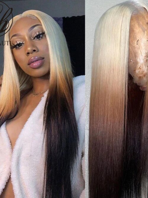 Perruque Lace Front Wig synthétique lisse ombrée brune Blonde