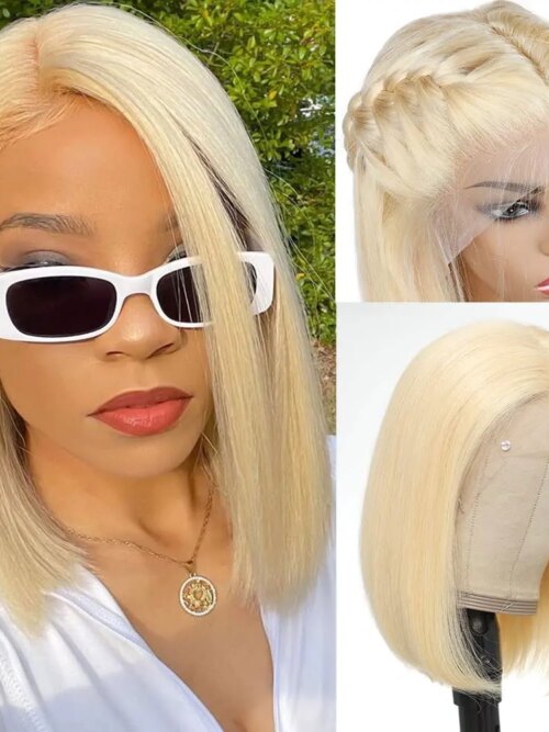 Perruque Bob Lace Frontal Wig synthétique lisse Blonde 613