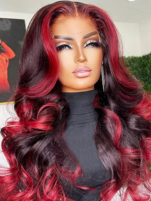 Perruque femme Lace Frontal Wig Body Wave colorée bordeaux