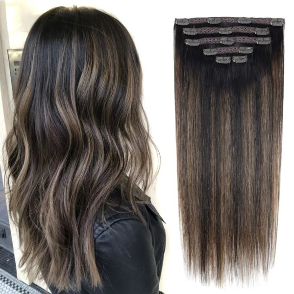 9925-f896ba.jpg extension cheveux naturels Remy lisses avec Clips, 70g, noir, brun clair, ombré miel