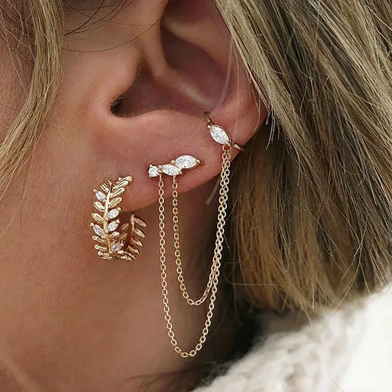Boucles d'oreilles coréennes double chaîne or